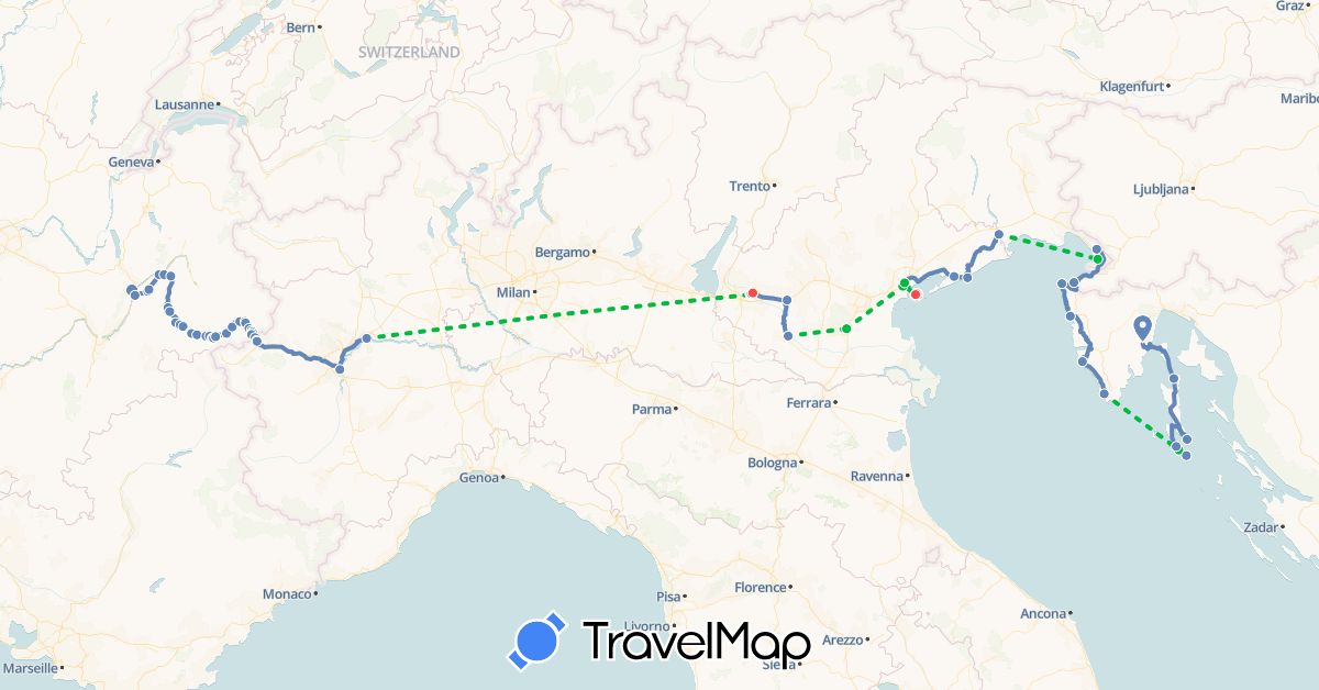 TravelMap itinerary: driving, bus, cycling, hiking in France, Croatia, Italy, Slovenia (Europe)